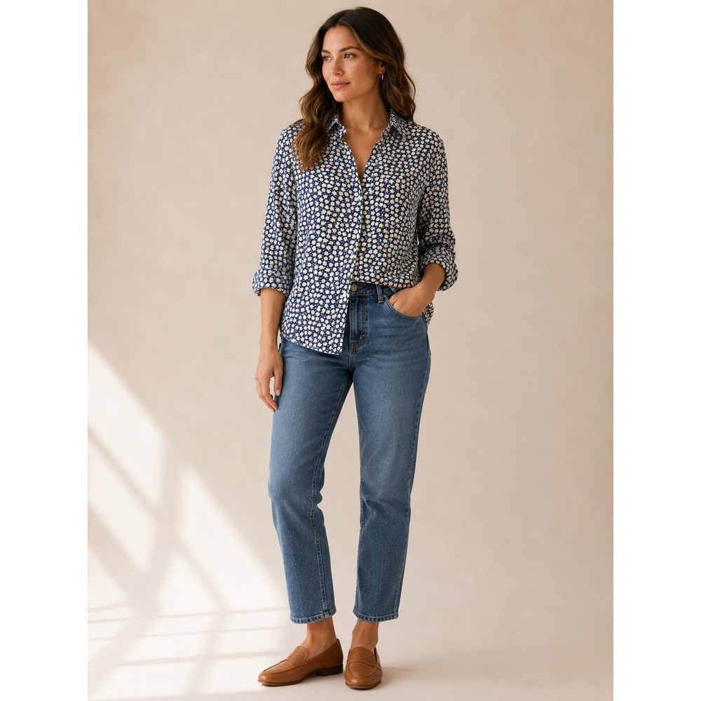 Grayson Button Down Shirt Womens 02 Navy Daisy Floral Long Sleeve Top Cottage‎